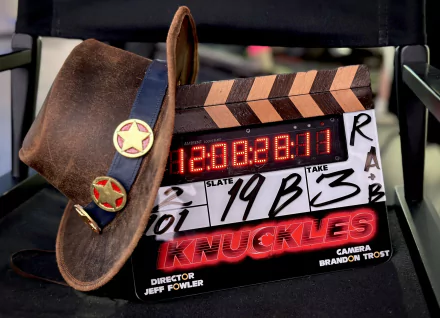HD wallpaper featuring a film clapperboard with the name KNUCKLES on it, suggesting it is from the TV show involving the character Knuckles. A brown satchel with a gold star badge is also in the image, adding to the thematic setting.