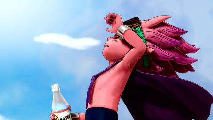 HD desktop wallpaper and background featuring a vibrant character from the video game Sand Land, depicted with pink hair and sunglasses, gazing upward while holding a bottle of water, against a blue sky.