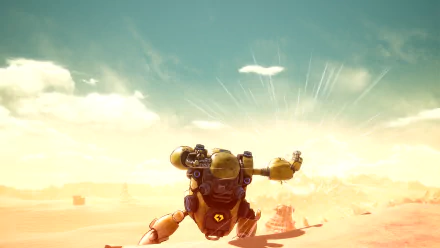 A high-definition desktop wallpaper depicting a robotic figure in a desert landscape known as Sand Land, with bright sunlight and clear skies in the background.