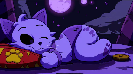HD desktop wallpaper from Poppy Playtime featuring CatNap, a cartoon cat sleeping under a starry night sky.