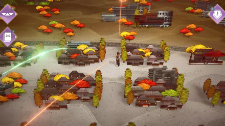 HD desktop wallpaper featuring a scene from the video game SaGa Emerald Beyond, with a character standing among colorful trees and laser beams.