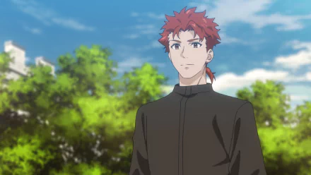 Anime character with red hair wearing a black jacket, set against a vibrant background of blue sky and lush green trees, from Unnamed Memory. Perfect for HD desktop wallpaper.