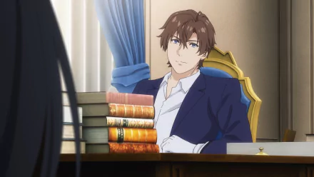 Anime character from Unnamed Memory sitting at a desk with books, in an elegant room. HD desktop wallpaper.