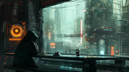 HD desktop wallpaper of a futuristic cityscape viewed from a coffee shop, featuring a cloaked figure gazing out at neon-lit buildings.