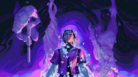 HD desktop wallpaper featuring Clove from Valorant, depicted with a dynamic purple and blue background, showcasing ethereal elements and a dramatic pose.