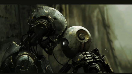 HD desktop wallpaper featuring a sci-fi scene with two robots resembling a parent and child in a tender, close-up interaction against a blurred forest background.