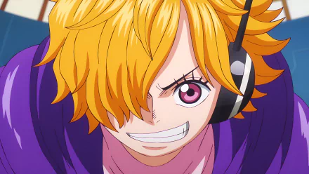 Close-up of Lilith from One Piece with vibrant orange hair, a confident grin, and headphones, rendered in vivid 4K Ultra HD anime style for PC desktop wallpaper.