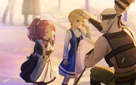 Anime scene from Mushoku Tensei: Jobless Reincarnation featuring Norn Greyrat, Aisha Greyrat, and Ruijerd Superdia in soft, warm lighting, captured in 4K Ultra HD.