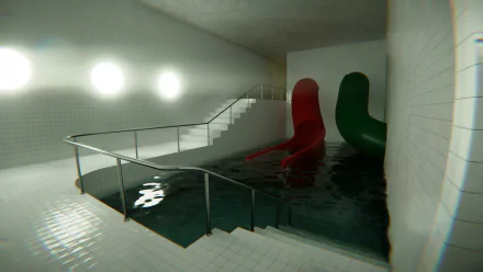 HD wallpaper of a video game-inspired indoor pool with red and green slides, reflecting a vibrant, realistic design.