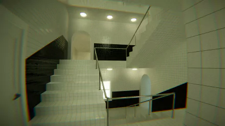 HD desktop wallpaper of a video game scene depicting an indoor pool area with bright lighting, sleek white tiles, and geometric stairs.