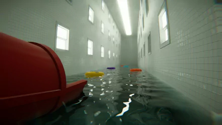 HD desktop wallpaper featuring a video game-inspired indoor pool with colorful floats and a red slide, set in a tiled room with multiple windows.