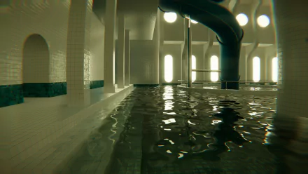 HD desktop wallpaper featuring a serene indoor pool scene from a video game, complete with glistening water, tiled walls, and ambient lighting.