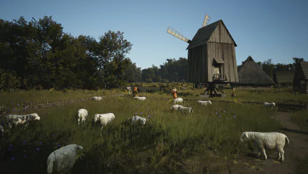 HD desktop wallpaper from the video game Manor Lords featuring a serene medieval scene with sheep grazing near a windmill and villagers in the background.