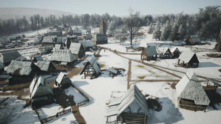 HD desktop wallpaper from the video game Manor Lords, featuring a snowy medieval village with thatched-roof houses and bare trees.