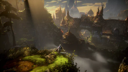 HD desktop wallpaper from the video game No Rest for the Wicked, featuring a mystical landscape with castles, lush greenery, and a solitary figure overlooking a dramatic sunset.
