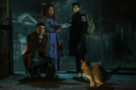 HD desktop wallpaper featuring characters from the TV show Dead Boy Detectives in a moody, nighttime setting, with a cat in the foreground.