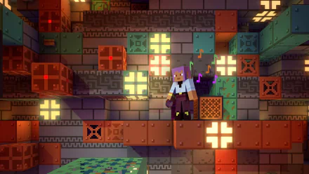 HD Minecraft wallpaper featuring a character exploring a vibrantly lit, multicolored block-based dungeon environment.