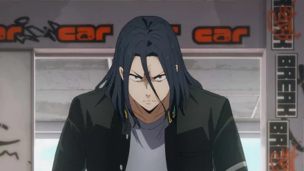 HD desktop wallpaper featuring a stern-looking male anime character from Wind Breaker with long black hair, set against a backdrop with graffiti tags.