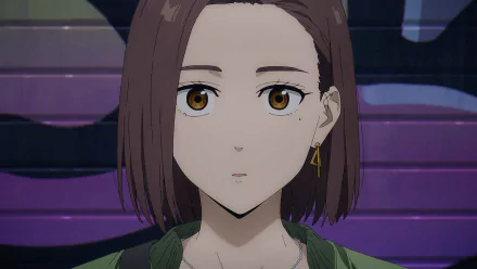 HD desktop wallpaper featuring a close-up of a female anime character from Wind Breaker, with detailed brown eyes and earrings, set against a purple striped background.