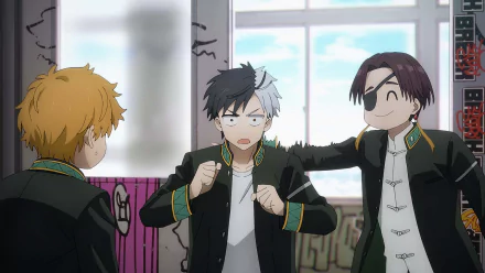 HD anime wallpaper featuring three male characters from Wind Breaker in school uniforms, inside a classroom setting, interacting energetically.