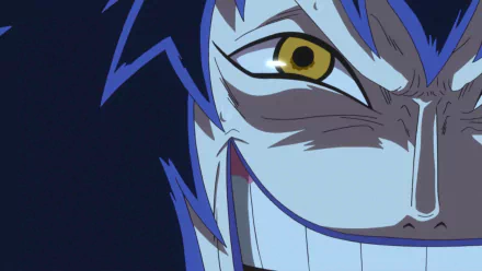 HD desktop wallpaper featuring a close-up of Caesar Clown from One Piece, highlighting his sinister smile and distinctive yellow eye against a dark blue background.