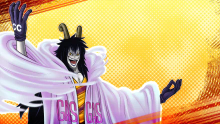 An HD desktop wallpaper featuring Caesar Clown from the anime One Piece, showcasing his striking smile and dramatic pose against a vibrant yellow background.
