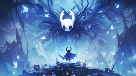 HD desktop wallpaper from the video game Hollow Knight featuring a mystical blue forest and the game's iconic character.