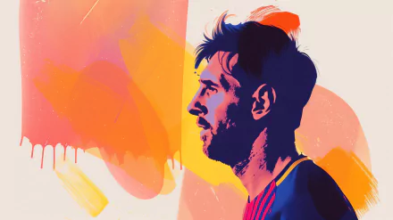 HD desktop wallpaper featuring a colorful artistic illustration of Lionel Messi in a Barcelona jersey, set against a vibrant abstract background.