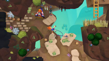 HD wallpaper featuring a scene from the video game Surmount, showing characters navigating rocky terrain with ladders and ropes.