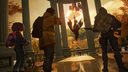 HD desktop wallpaper of Redfall video game featuring three characters confronting a supernatural enemy in a sunlit, autumn-themed setting.