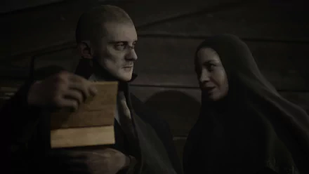 HD desktop wallpaper from the video game Indika, featuring a scene with a man and a woman in cloaks, exchanging a mysterious box.