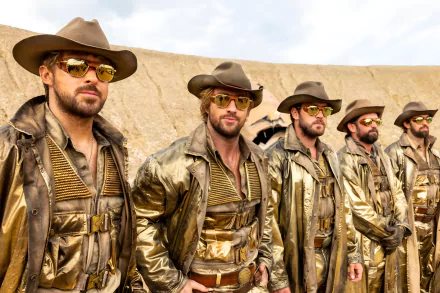 HD desktop wallpaper featuring multiple men in gold jackets and cowboy hats from the movie The Fall Guy, posing against a desert backdrop.