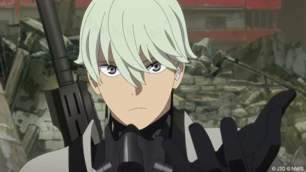 Anime character from Kaiju No. 8, featuring a young male with pale green hair and black combat suit, in ruins backdrop. HD desktop wallpaper.