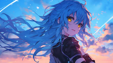 HD desktop wallpaper of Rimuru Tempest from That Time I Got Reincarnated as a Slime featuring the character with blue hair under a vibrant sky.