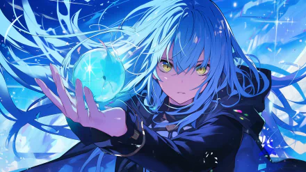 HD desktop wallpaper of Rimuru Tempest from That Time I Got Reincarnated as a Slime, showcasing the character with vibrant blue hair and a glowing orb in hand.