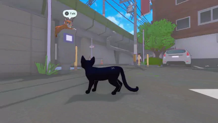HD desktop wallpaper from the video game Little Kitty Big City, featuring a black cat in an urban environment with a dog on a platform above.