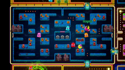 HD desktop wallpaper of PAC-MAN Mega Tunnel Battle: Chomp Champs featuring a vibrant, detailed game map with multiple characters and obstacles.
