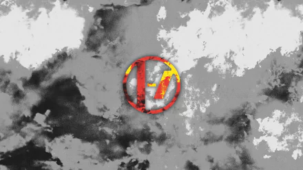 HD PC desktop wallpaper featuring the Twenty One Pilots logo in red and yellow against a textured black and white cloudy background.