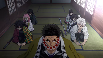 Anime scene from Demon Slayer: Kimetsu no Yaiba featuring characters seated in a traditional room, presented as a 4K Ultra HD PC desktop wallpaper.