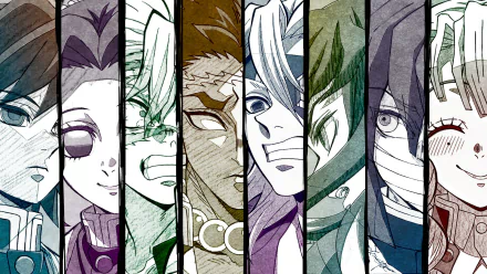 HD PC desktop wallpaper featuring stylized close-up portraits of characters from the anime Demon Slayer: Kimetsu no Yaiba in a split-panel design.