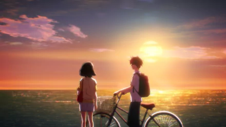 HD anime wallpaper featuring two characters watching a sunset by the sea, with one holding a bicycle.