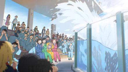 Anime HD desktop wallpaper showing a crowd of people at an aquarium watching a large splash.