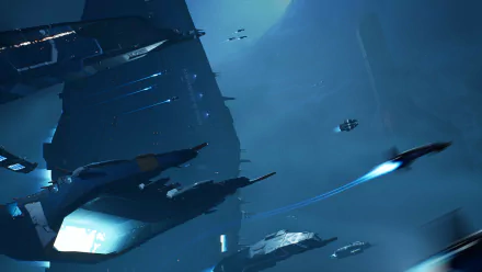 HD desktop wallpaper from Homeworld 3 featuring sleek spacecrafts maneuvering in a cool blue space environment.