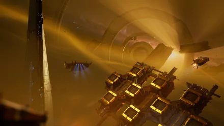HD desktop wallpaper from Homeworld 3, featuring detailed spaceships navigating through an atmospheric, golden-lit environment.