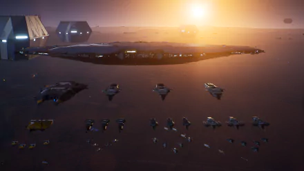 HD desktop wallpaper from Homeworld 3 featuring a fleet of spaceships on a dusty, sunlit alien landscape.