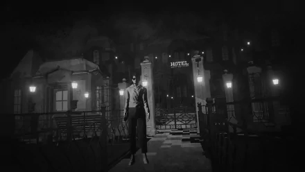 HD desktop wallpaper from Lorelei and the Laser Eyes, featuring a male character in a suit standing before a dimly lit, eerie hotel in a noir-style monochrome setting.