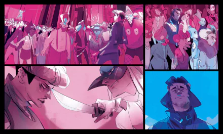 HD desktop wallpaper from Read Only Memories: NEURODIVER depicting intense scenes with diverse characters in a dramatic, comic style.