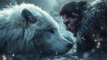 HD desktop wallpaper featuring Jon Snow, portrayed by Kit Harington, from Game of Thrones, in a close encounter with his direwolf Ghost in a snowy setting.