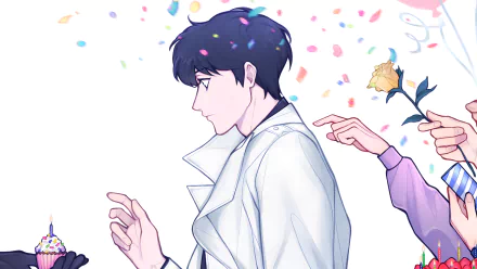 HD desktop wallpaper featuring Kim Dokja from the anime Omniscient Reader's Viewpoint, with vibrant confetti, a single yellow rose, and a cupcake with candles in the background.