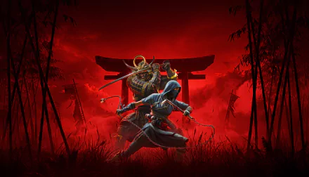 8K Ultra HD Assassin's Creed Shadows wallpaper featuring a ninja and samurai poised for battle against a vivid red backdrop with a traditional Japanese torii gate.